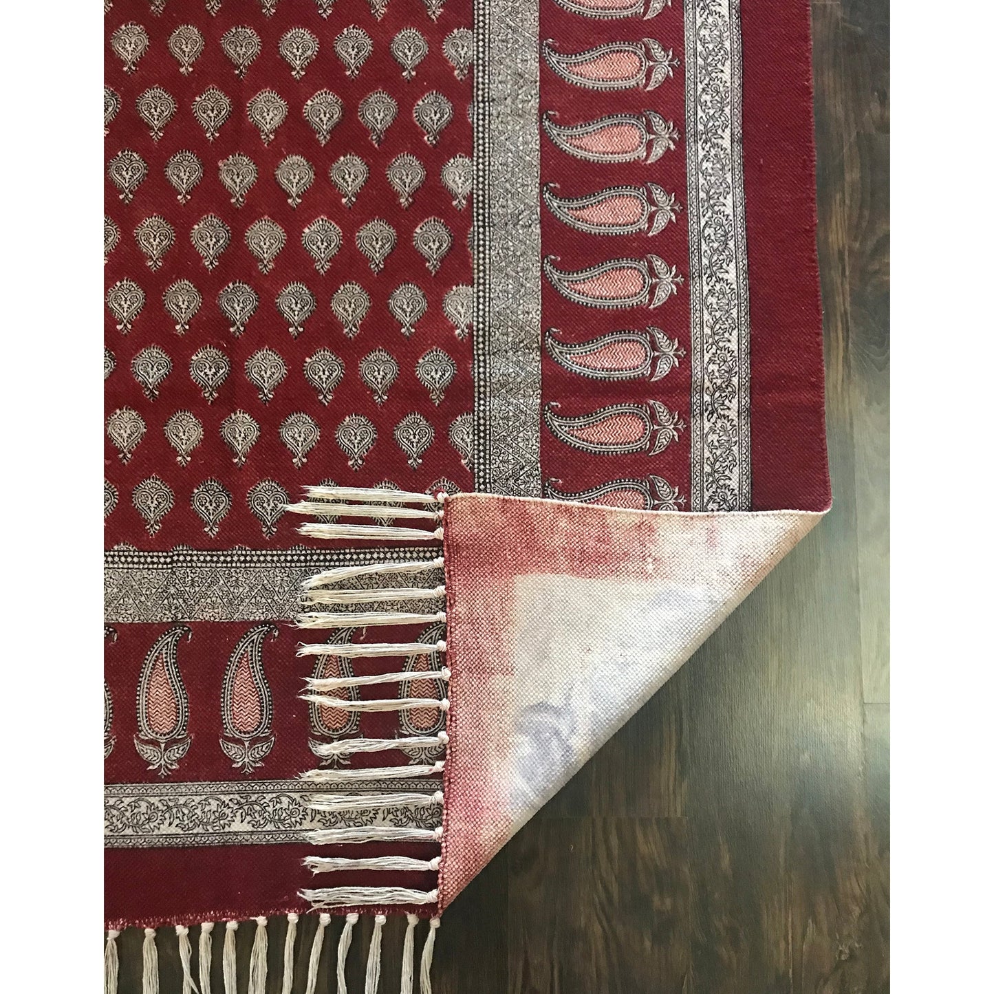 Traditional Paisley Jaal & Border Hand-block Print Rug - Red White-4