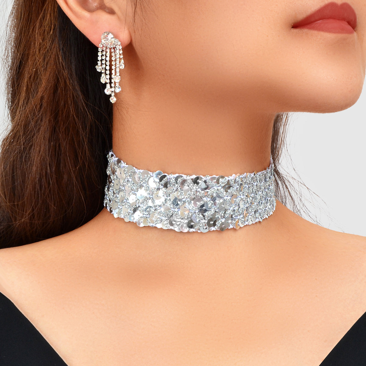 Women Party Decoration Set Silver Sequins Choker Zirconia Tassel Dangle Earrings-0