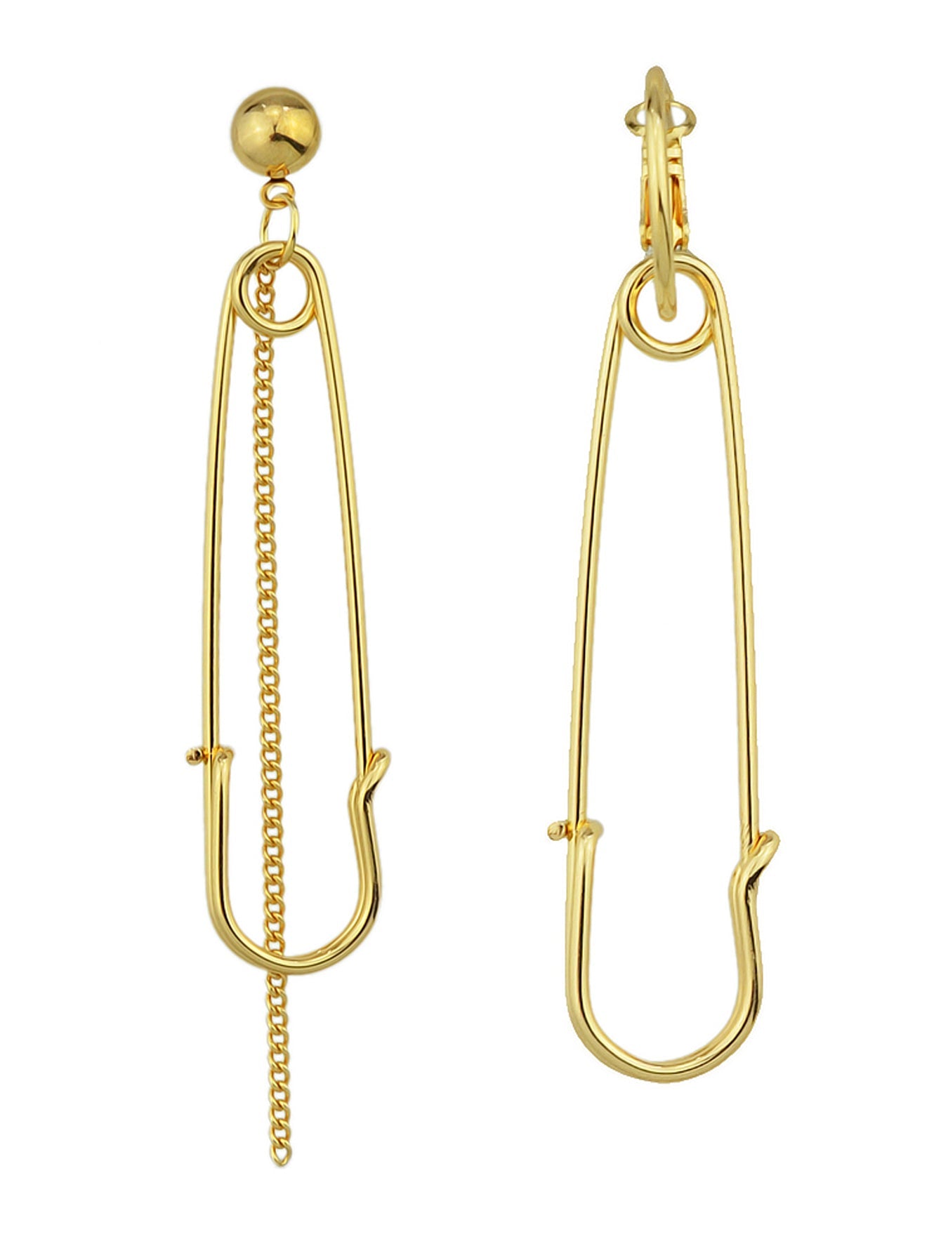 Asymmetric Punk Hip Hop Gold Silver Chain Pin Shape Hoop Stud Statement Earrings-3