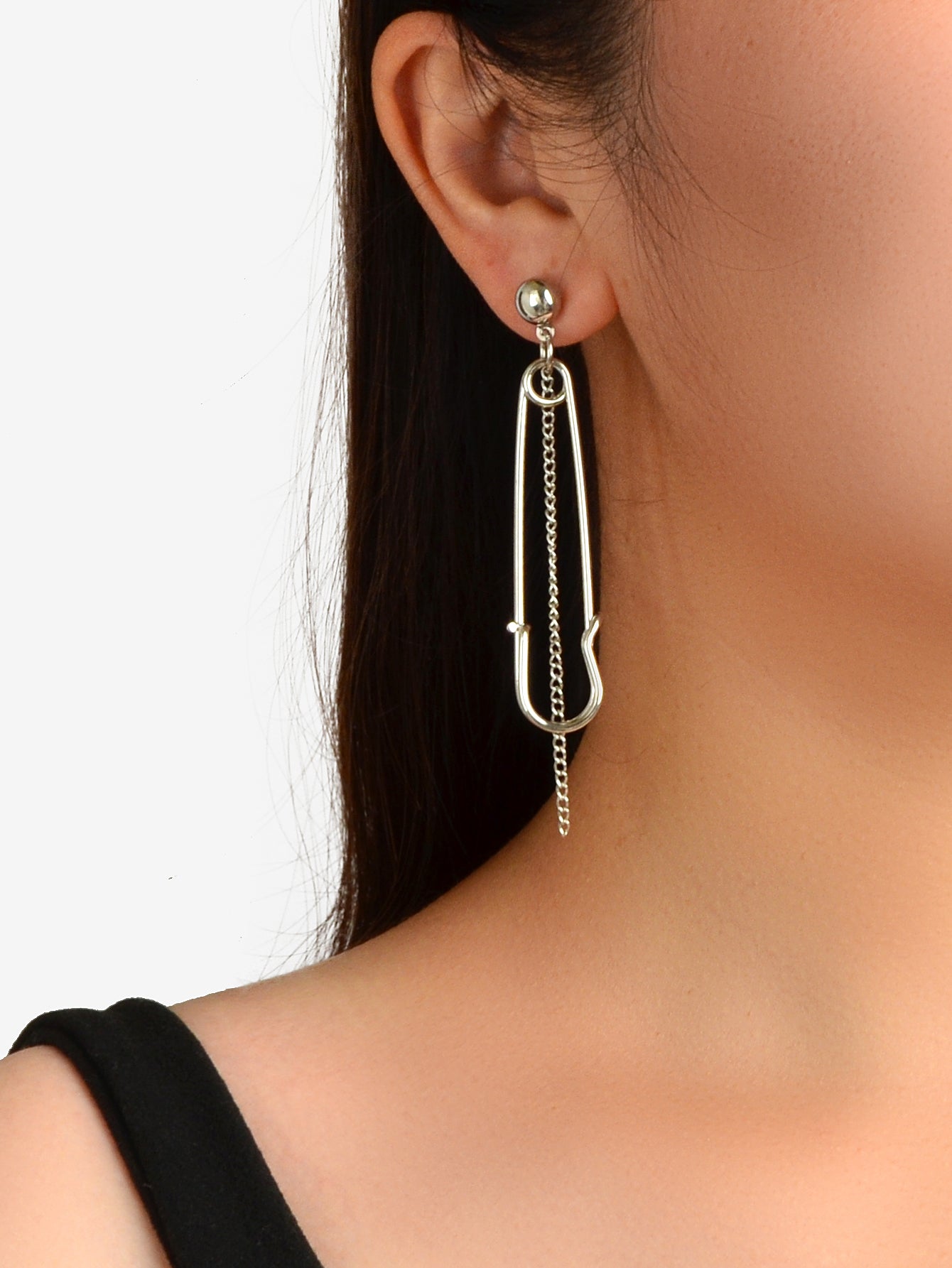 Asymmetric Punk Hip Hop Gold Silver Chain Pin Shape Hoop Stud Statement Earrings-1