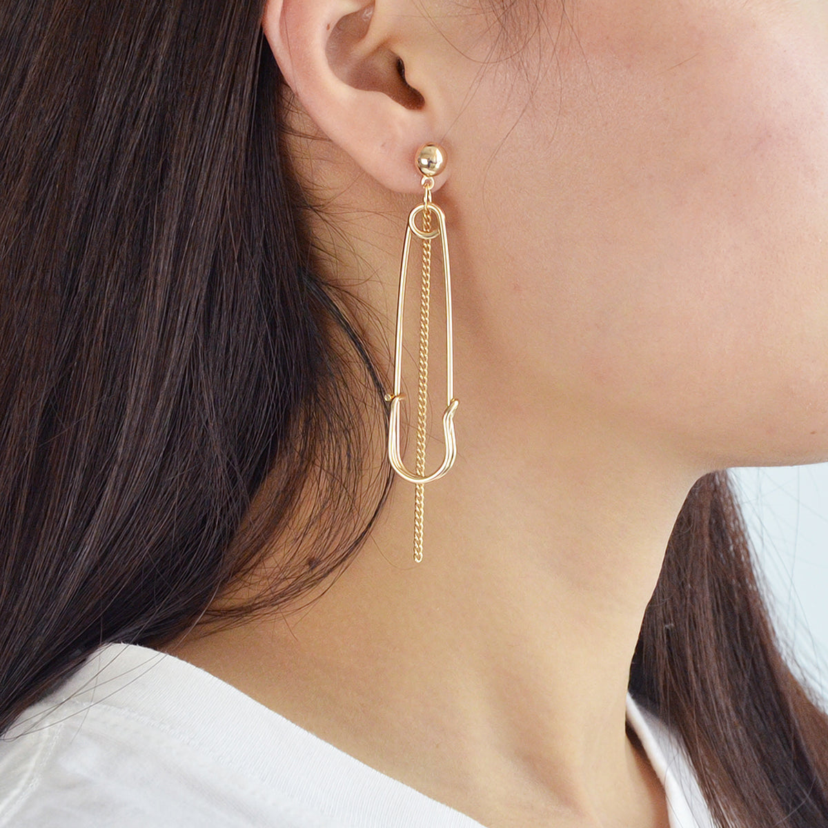 Asymmetric Punk Hip Hop Gold Silver Chain Pin Shape Hoop Stud Statement Earrings-4