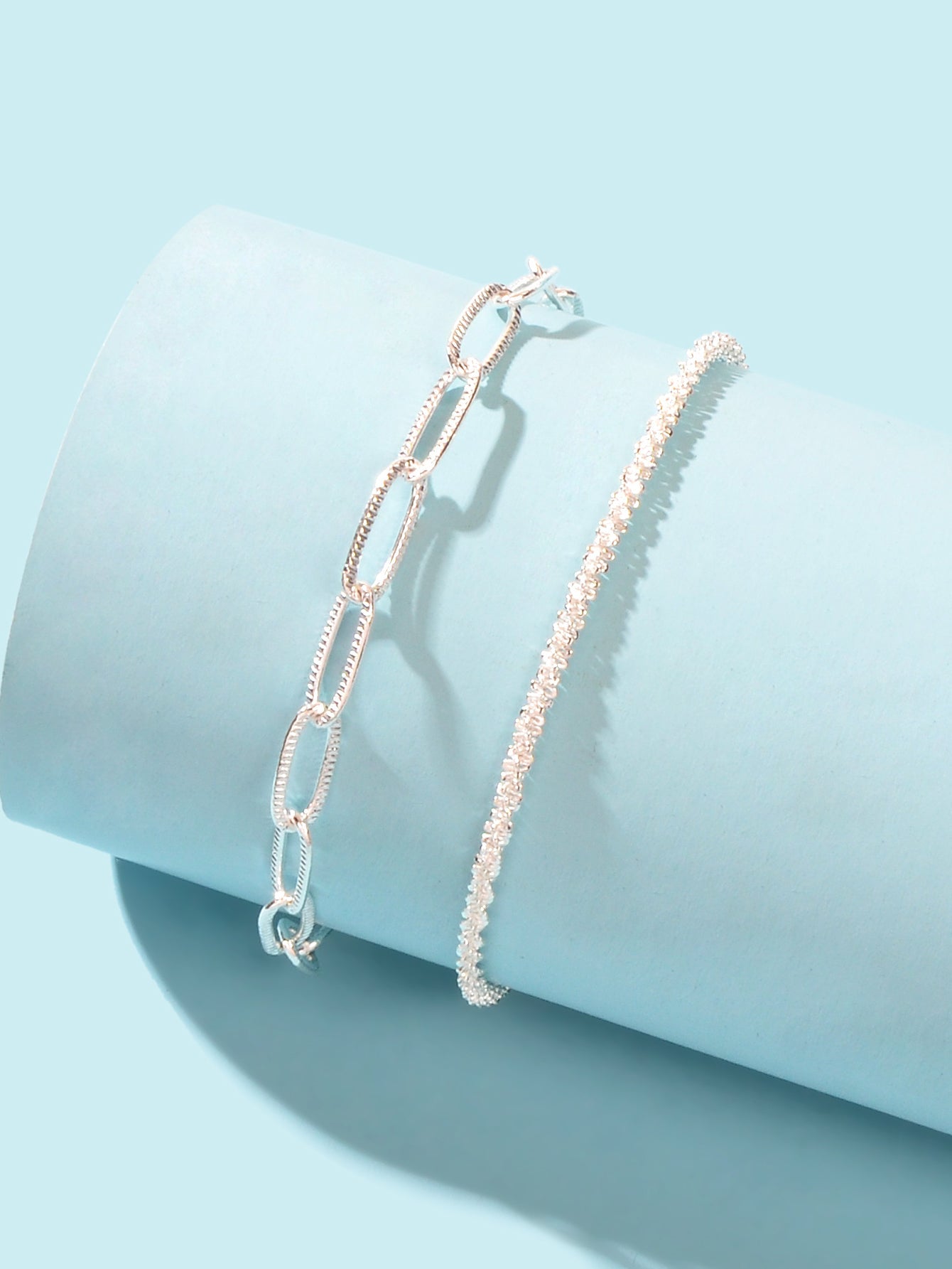 2 pcs Layered Initial Silver Link Chain Bracelets Women Girls Hand Accessories-2