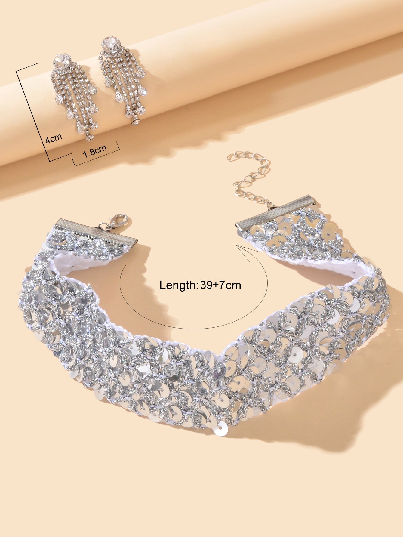 Women Party Decoration Set Silver Sequins Choker Zirconia Tassel Dangle Earrings-3