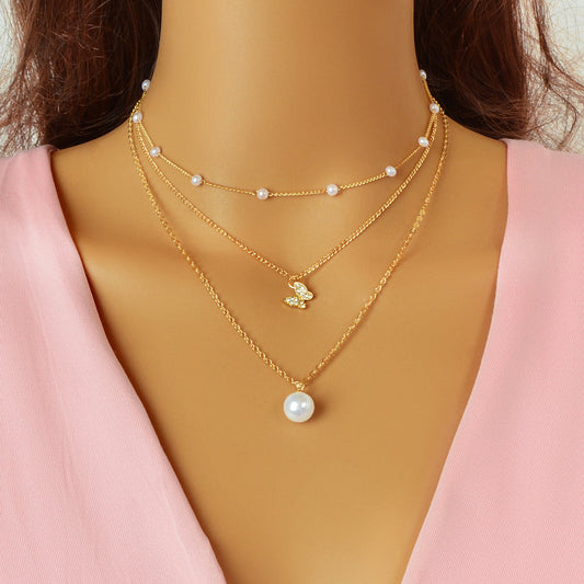 3 pcs Exquisite Pearl Rhinestone Gold Chain Layered Butterfly Pendant Necklace-0