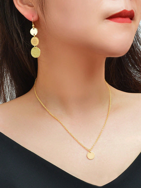 Gold Small Disc Pendant Necklace and Earring Set - Elegant Jewelry Ensemble-0
