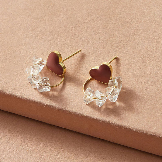 Trendy Ladies Jewellery Transparent Beads Gold Circle Red Heart Stud Earrings-0