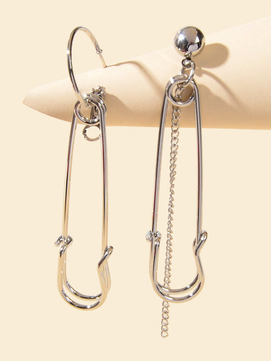Asymmetric Punk Hip Hop Gold Silver Chain Pin Shape Hoop Stud Statement Earrings-0