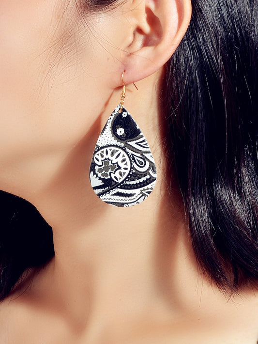 Ethnic Jewellery White Black Geometric Pu Leather Water Drop Dangle Earrings-0