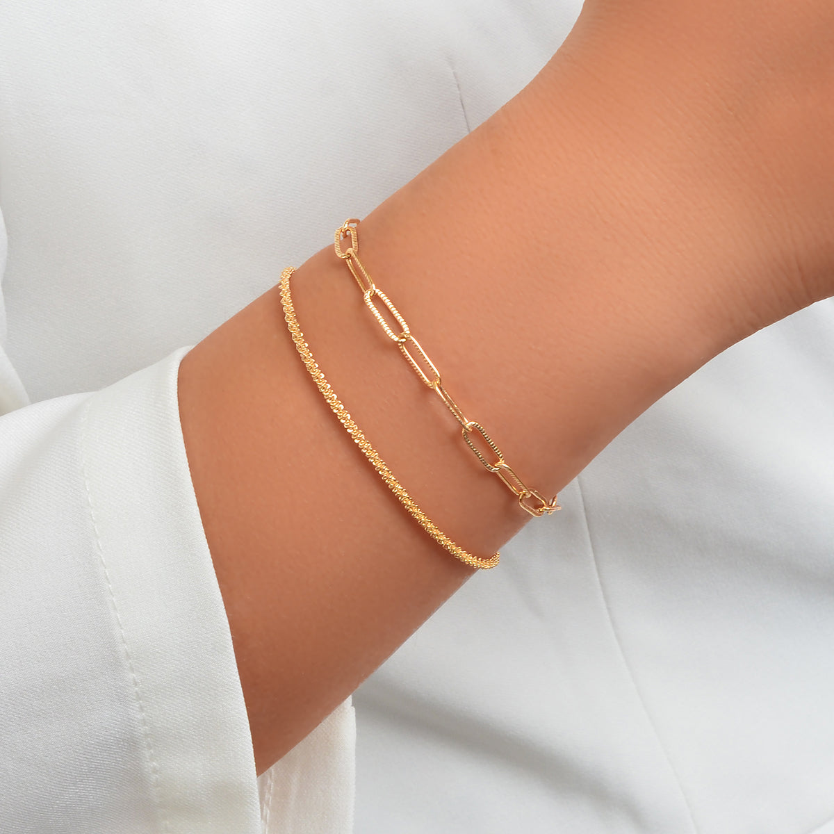 2 pcs Layered Initial Silver Link Chain Bracelets Women Girls Hand Accessories-3