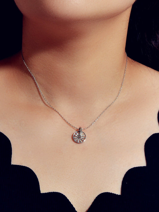 Textured Jewellery Rhinestone Decor Silver Chain Round Wheel Charm Girl Necklace-0