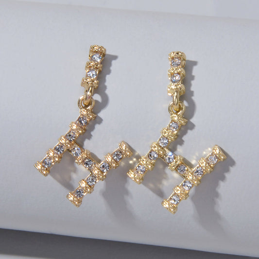 Textured Full Faux Cubic Zirconia Luxury Gold Letter Dangle Earrings for Women-0