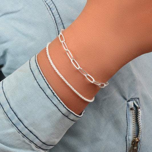 2 pcs Layered Initial Silver Link Chain Bracelets Women Girls Hand Accessories-0