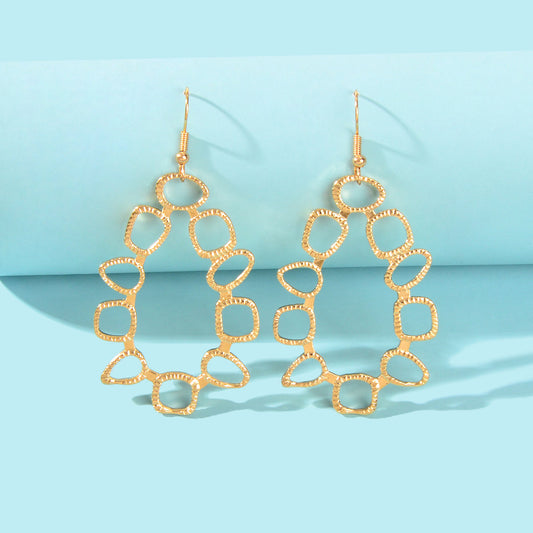Geometric Design Gold Metal Hollow Dangle Hook Statement Earrings Lady Jewellery-0