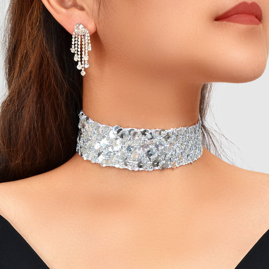 Women Party Decoration Set Silver Sequins Choker Zirconia Tassel Dangle Earrings-0