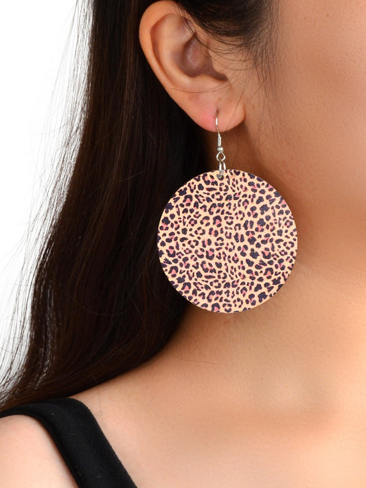 Personality Leopard Pattern Round Wood Big Dangle Earrings Girl Party Decoration-0