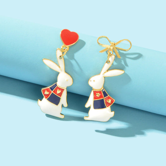 Cute Love Heart Bowknot Bunny Earrings Dangling Rabbit Stud Happy Easter Gift-0