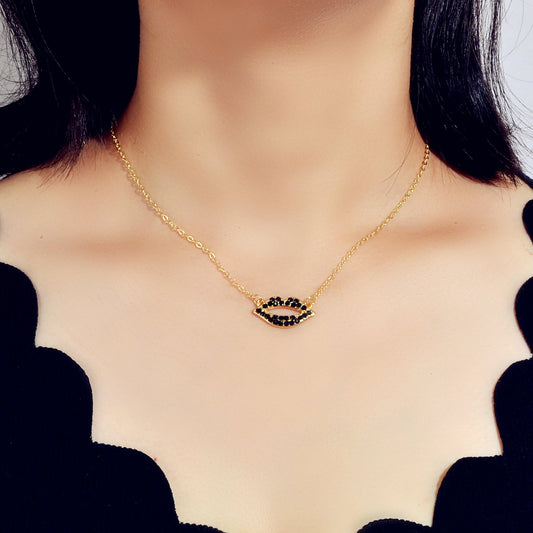 Gift Jewellery Valentine's Day Gold Chain Rhinestone Love Lips Pendant Necklace-0