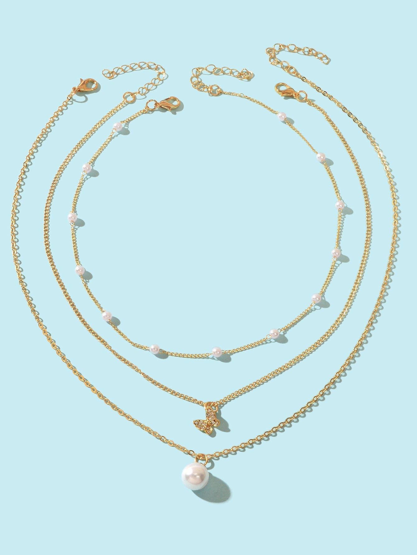 3 pcs Exquisite Pearl Rhinestone Gold Chain Layered Butterfly Pendant Necklace-1