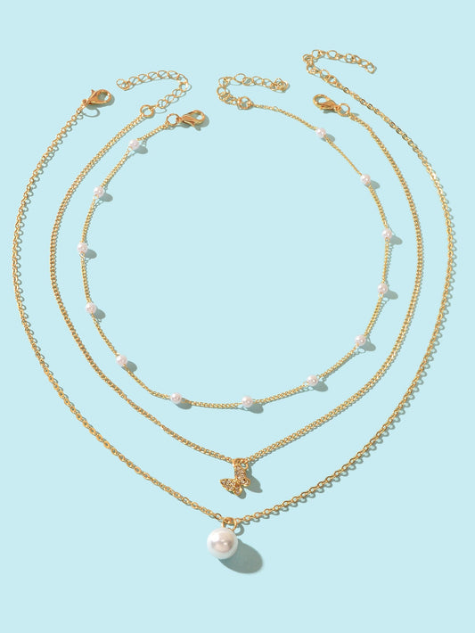 3 pcs Exquisite Pearl Rhinestone Gold Chain Layered Butterfly Pendant Necklace-1