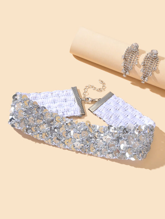 Women Party Decoration Set Silver Sequins Choker Zirconia Tassel Dangle Earrings-1