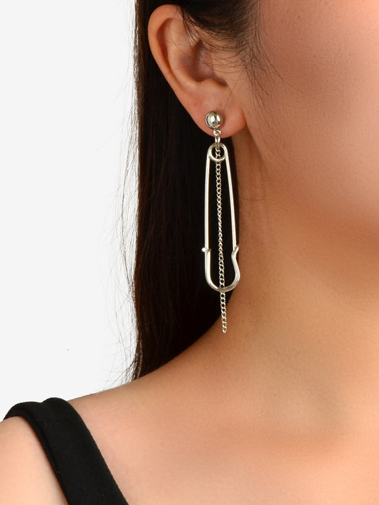Asymmetric Punk Hip Hop Gold Silver Chain Pin Shape Hoop Stud Statement Earrings-1