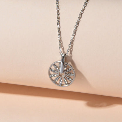 Textured Jewellery Rhinestone Decor Silver Chain Round Wheel Charm Girl Necklace-1
