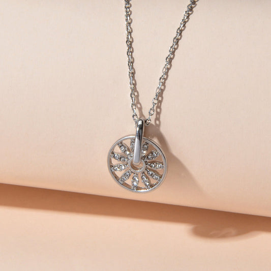 Textured Jewellery Rhinestone Decor Silver Chain Round Wheel Charm Girl Necklace-1