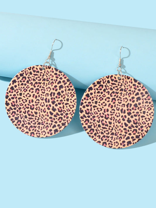 Personality Leopard Pattern Round Wood Big Dangle Earrings Girl Party Decoration-1