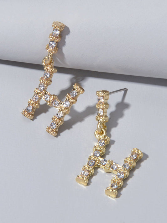 Textured Full Faux Cubic Zirconia Luxury Gold Letter Dangle Earrings for Women-1