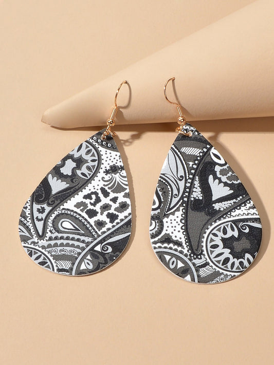 Ethnic Jewellery White Black Geometric Pu Leather Water Drop Dangle Earrings-1