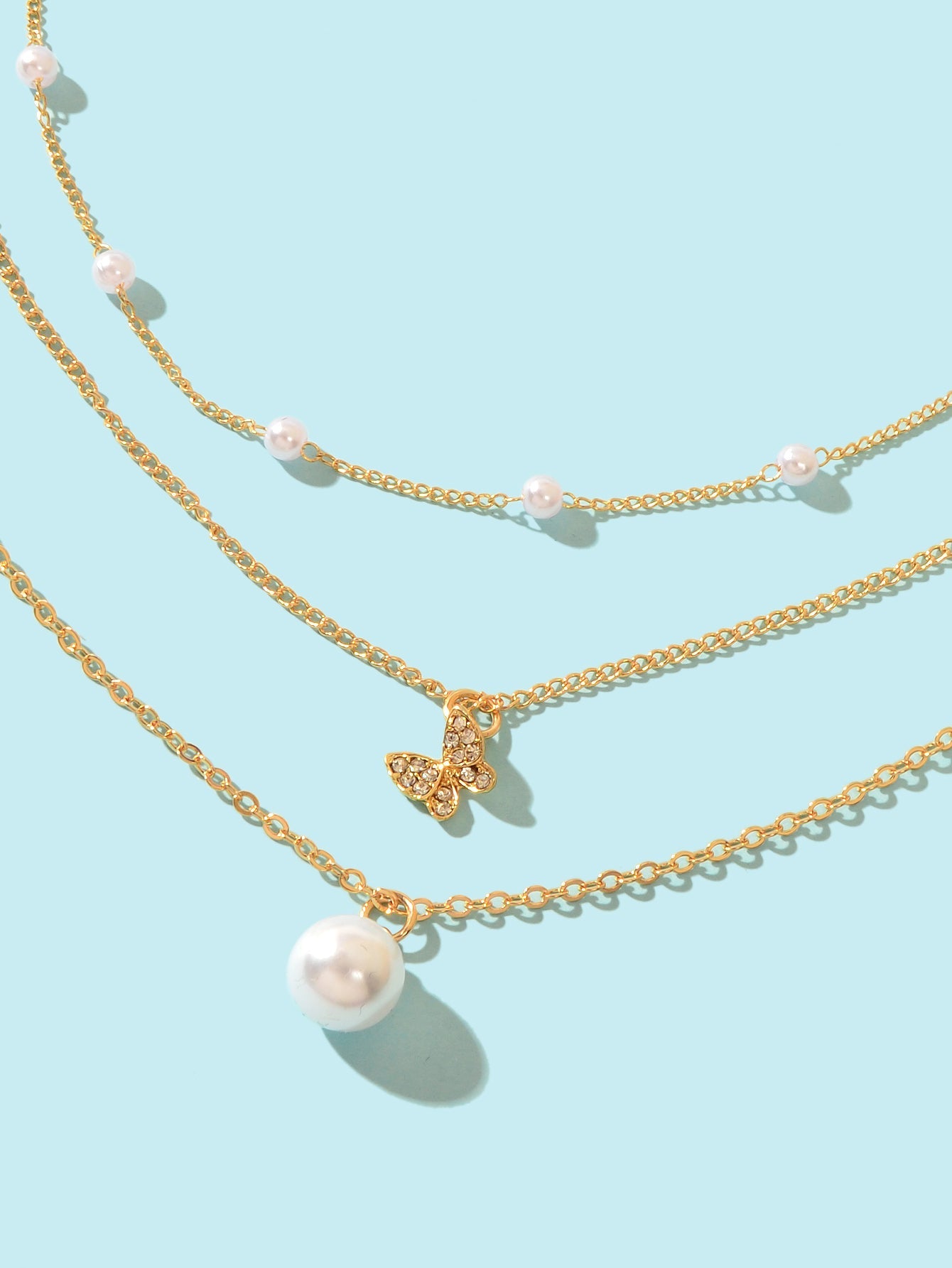 3 pcs Exquisite Pearl Rhinestone Gold Chain Layered Butterfly Pendant Necklace-2