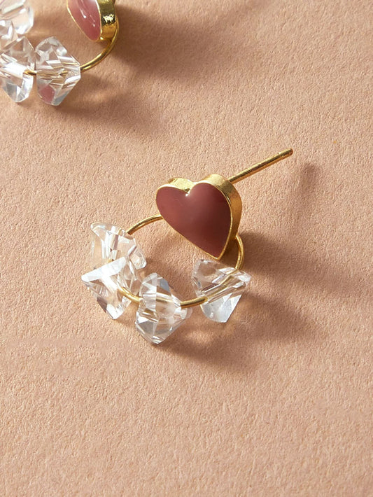 Trendy Ladies Jewellery Transparent Beads Gold Circle Red Heart Stud Earrings-1