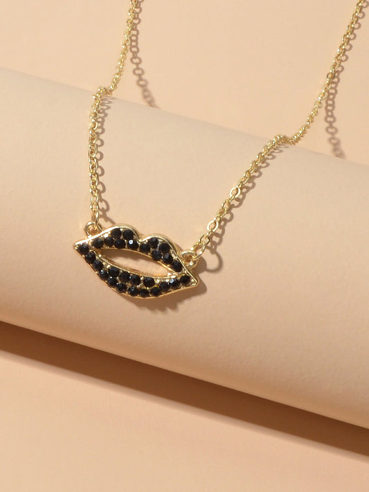 Gift Jewellery Valentine's Day Gold Chain Rhinestone Love Lips Pendant Necklace-1