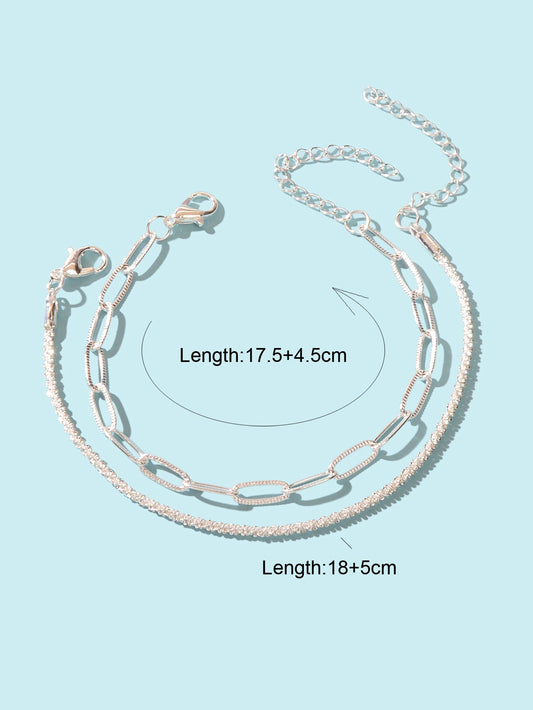 2 pcs Layered Initial Silver Link Chain Bracelets Women Girls Hand Accessories-1