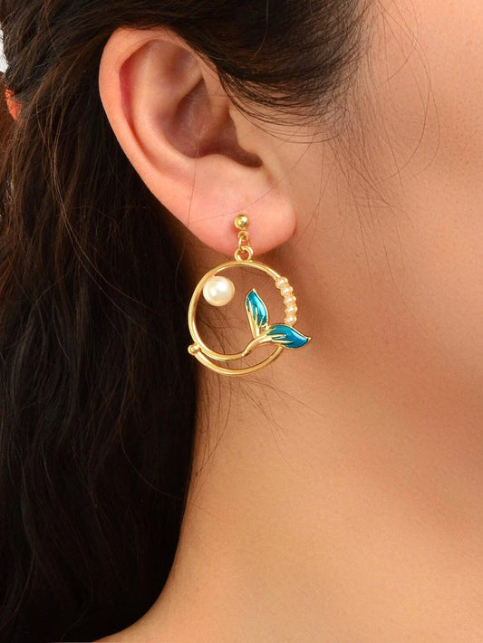 Exquisite Women Accessories Pearl Decor Mermaid Tail Asymmetric Holiday Earrings-1