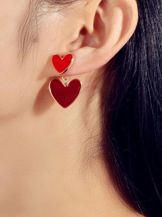 Personality Red Enamel Heart Stud Earrings Women Girls Ear Jacket Dainty Gifts-1