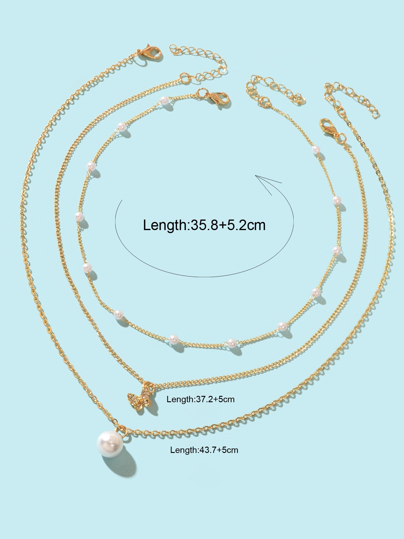 3 pcs Exquisite Pearl Rhinestone Gold Chain Layered Butterfly Pendant Necklace-3