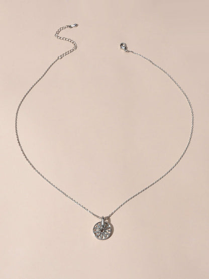 Textured Jewellery Rhinestone Decor Silver Chain Round Wheel Charm Girl Necklace-2