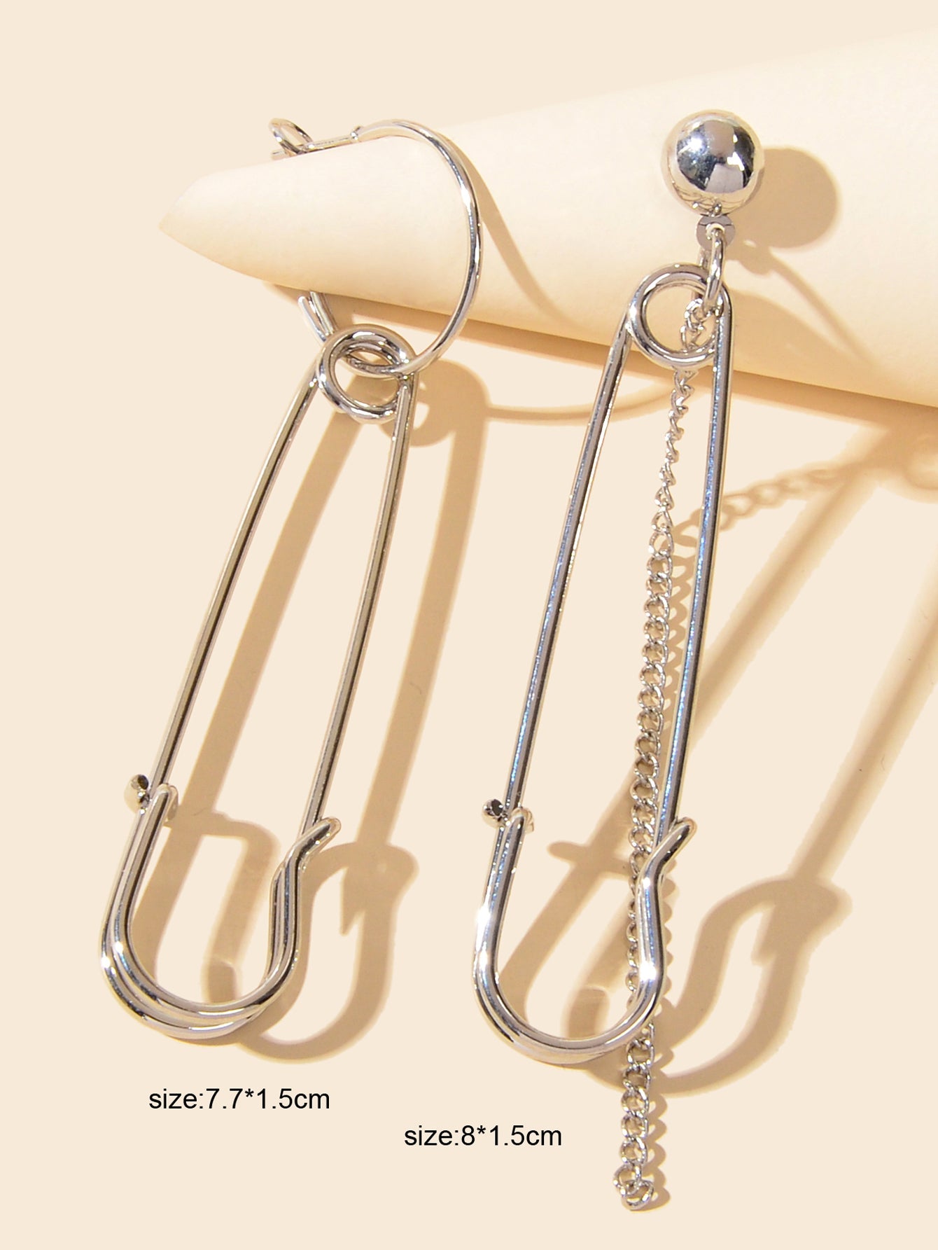 Asymmetric Punk Hip Hop Gold Silver Chain Pin Shape Hoop Stud Statement Earrings-2