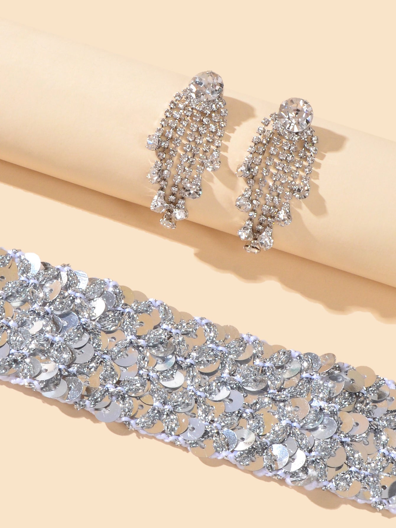 Women Party Decoration Set Silver Sequins Choker Zirconia Tassel Dangle Earrings-2
