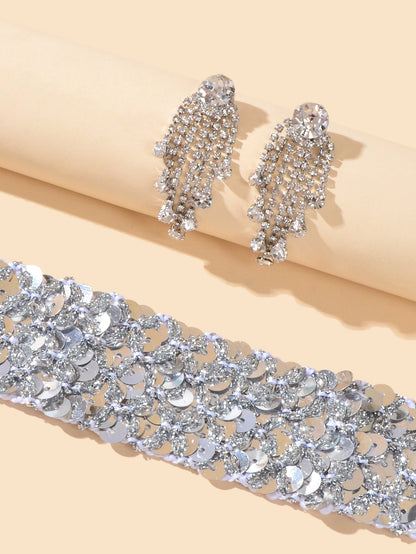 Women Party Decoration Set Silver Sequins Choker Zirconia Tassel Dangle Earrings-2
